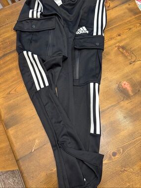 adidas Black Track Pants with White Stripes and Cargo Pockets and Ankle Zippers